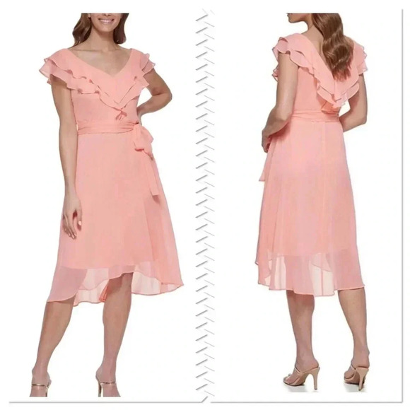 DKNY Womens Pink Zippered Tie Ruffled Chiffon Hi-lo Hem Flutter Sleeve Size 8 - Picture 1 of 8